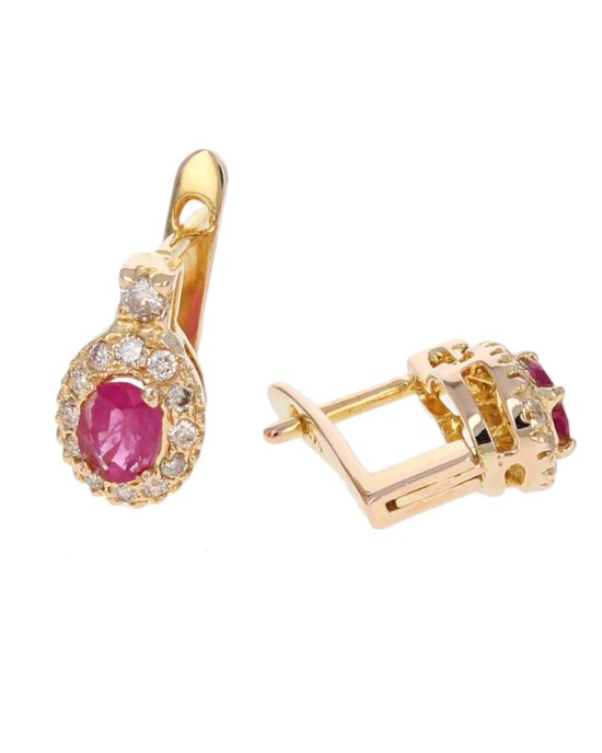 Ruby and Diamond Halo Earrings in Yellow Gold